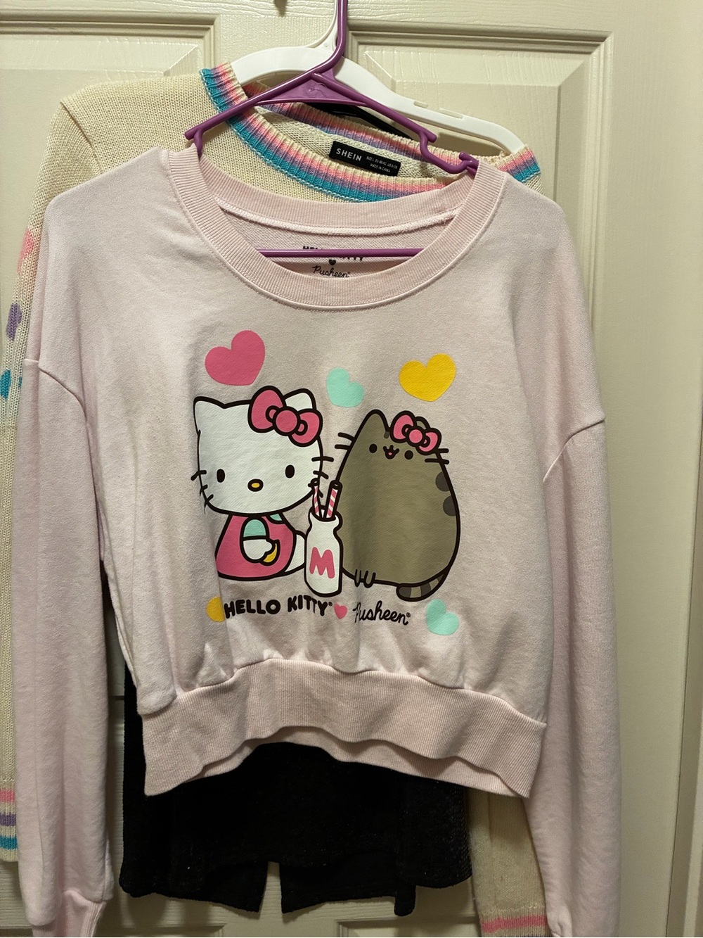 Pink Women Hello Kitty Pusheen Cropped Sweatshirt - Cute Heart Graphic